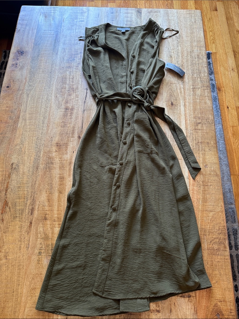 Sharagano Sleeveless tank Button-Front Maxi Dress with Self-Tie Waist in Olive